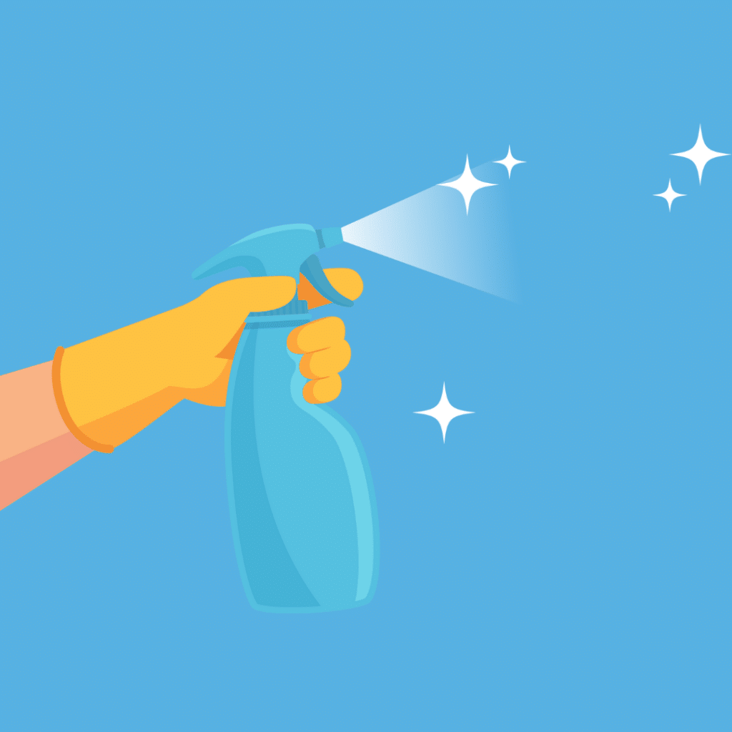 icon of a hand spraying a cleaning bottle on a pale blue background